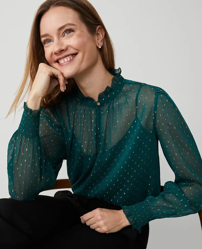 Ann Taylor Metallic-Clip Ruffle Popover Top Size XL Rainforest Women's