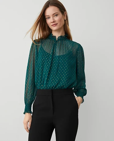 Ann Taylor Metallic-Clip Ruffle Popover Top Size XS Rainforest Women's