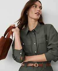 Ann Taylor Weekend Collection Oversized Cropped Pocket Shirt Size XL Dried Cilantro Women's