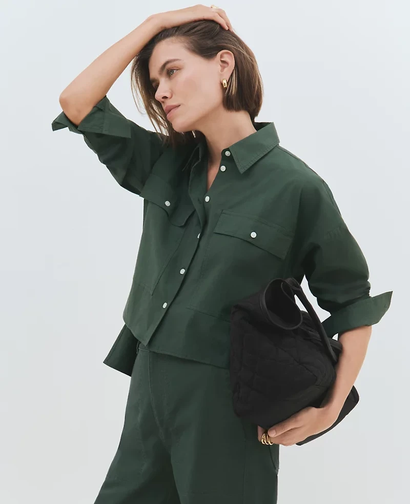 Ann Taylor Weekend Collection Oversized Cropped Pocket Shirt Size XL Dried Cilantro Women's