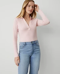 Ann Taylor Weekend Collection Polo Popover Top Size Medium Berry Mousse Women's