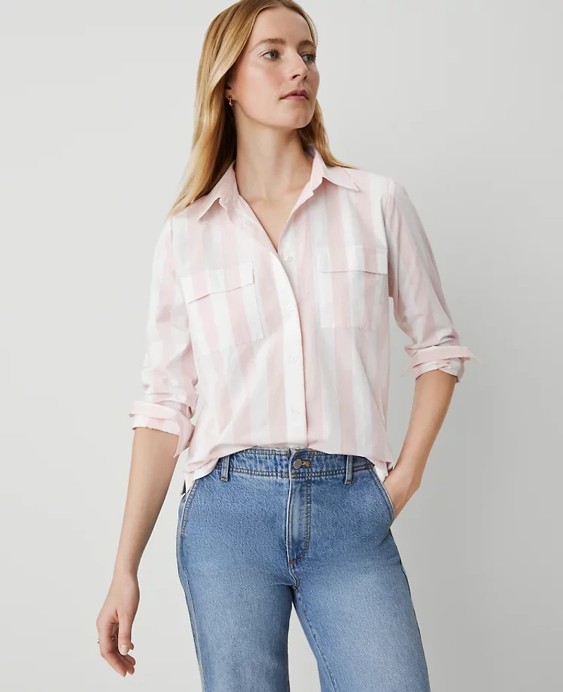 Ann Taylor Weekend Collection Striped Pocket Blouse Soft Blush Women's