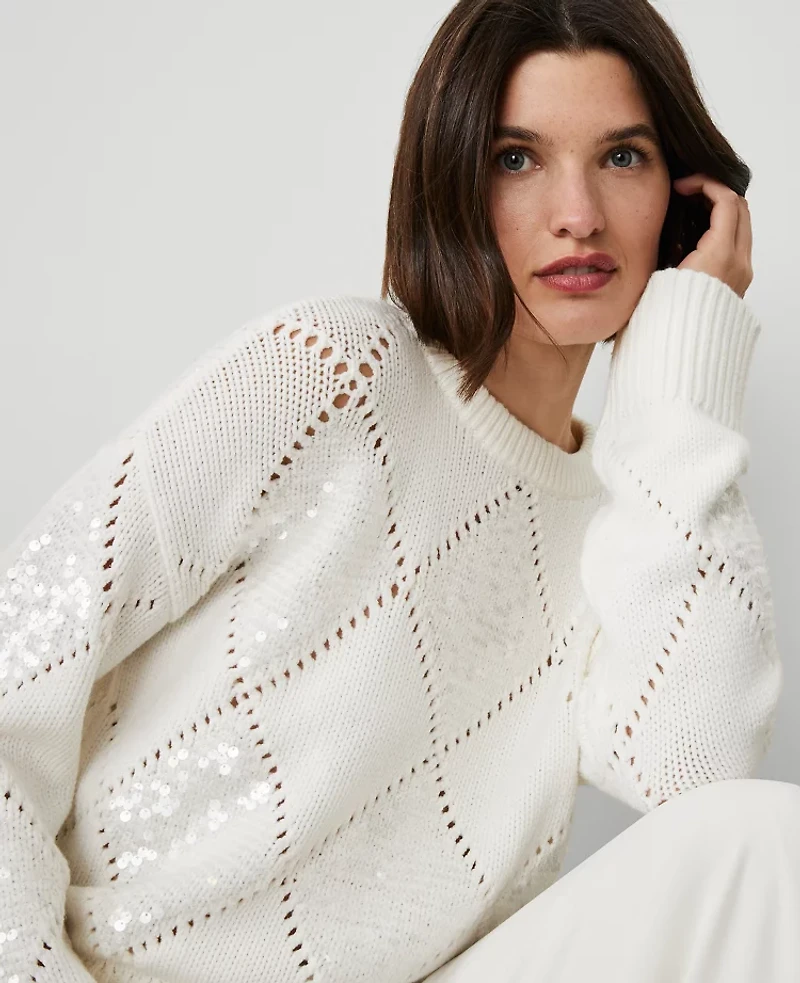 Ann Taylor Sequin Argyle Sweater Size 2XL Winter White Women's