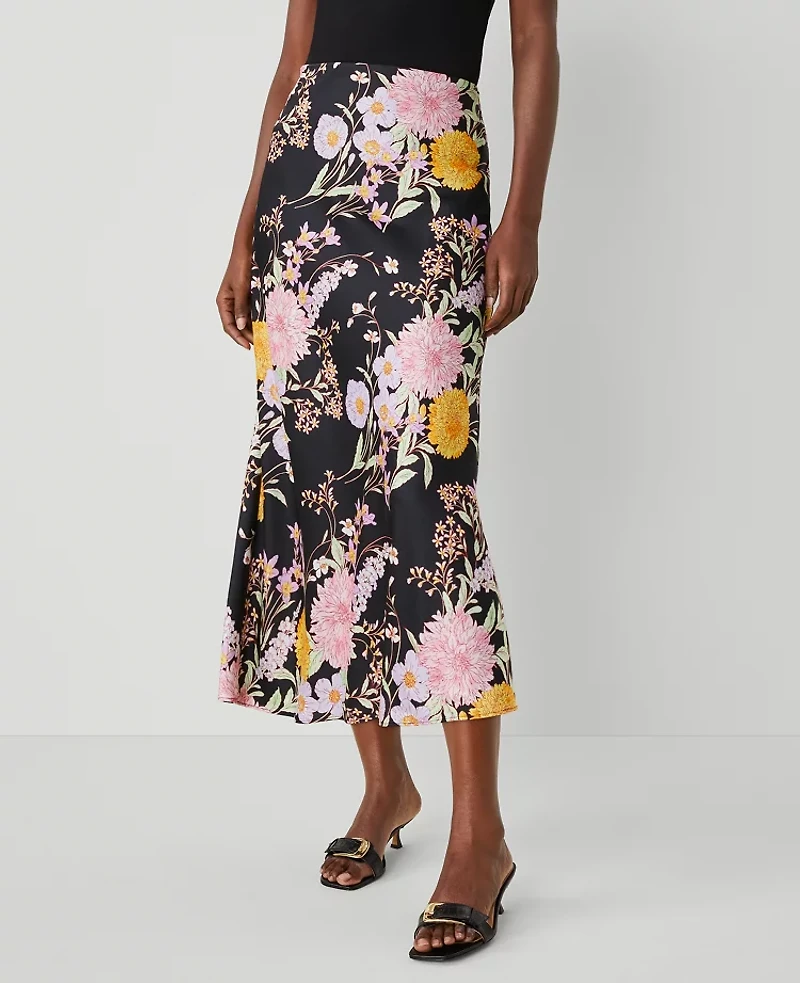 Ann Taylor Floral Satin Bias Midi Slip Skirt Black B Women's