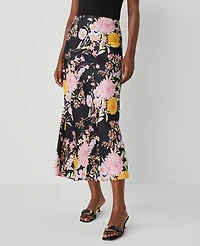 Ann Taylor Floral Satin Bias Midi Slip Skirt Black B Women's