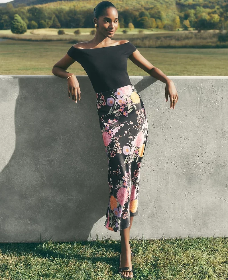 Ann Taylor Floral Satin Bias Midi Slip Skirt Black B Women's