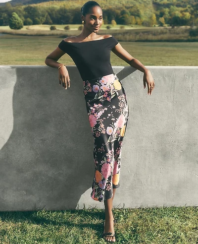 Ann Taylor Floral Satin Bias Midi Slip Skirt Black B Women's
