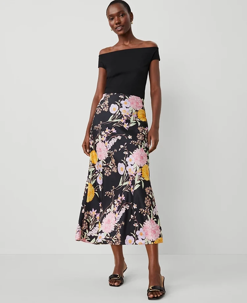 Ann Taylor Floral Satin Bias Midi Slip Skirt Black B Women's