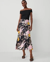 Ann Taylor Floral Satin Bias Midi Slip Skirt Black B Women's