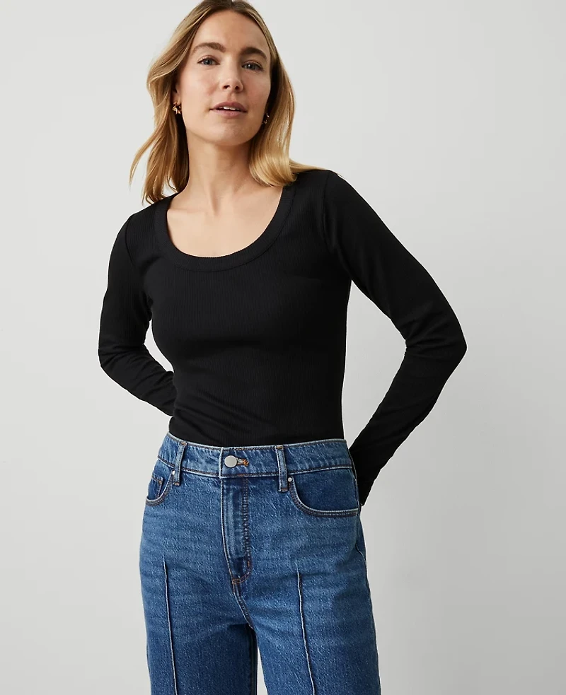 Ann Taylor Petite Weekend Collection Long Sleeve Scoop Neck T-Shirt Black Women's