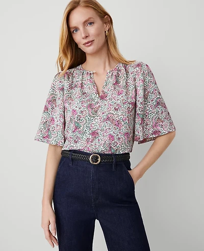 Ann Taylor Floral Draped Sleeve Blouse Orchid Glow Women's