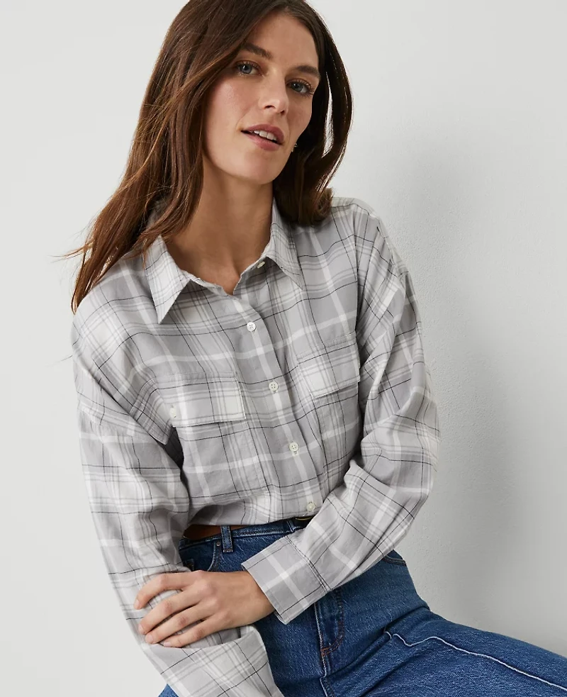 Ann Taylor Weekend Collection Plaid Oversized Cropped Pocket Shirt Size XL Night Sky Women's
