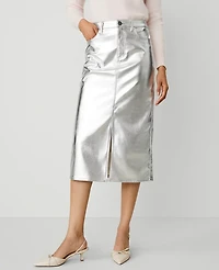 Ann Taylor Petite Metallic Faux-Leather Column Midi Skirt Size 8 Silver Metallic Women's