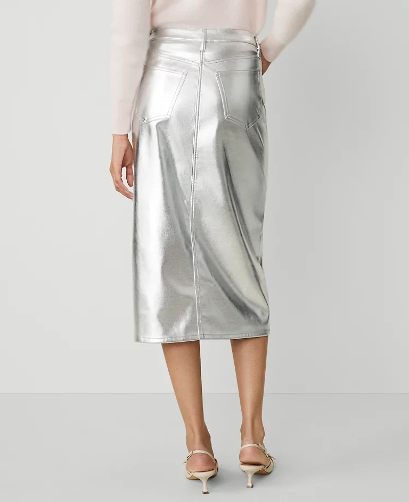 Ann Taylor Petite Metallic Faux-Leather Column Midi Skirt Size 8 Silver Metallic Women's