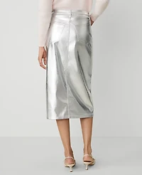 Ann Taylor Petite Metallic Faux-Leather Column Midi Skirt Size 8 Silver Metallic Women's
