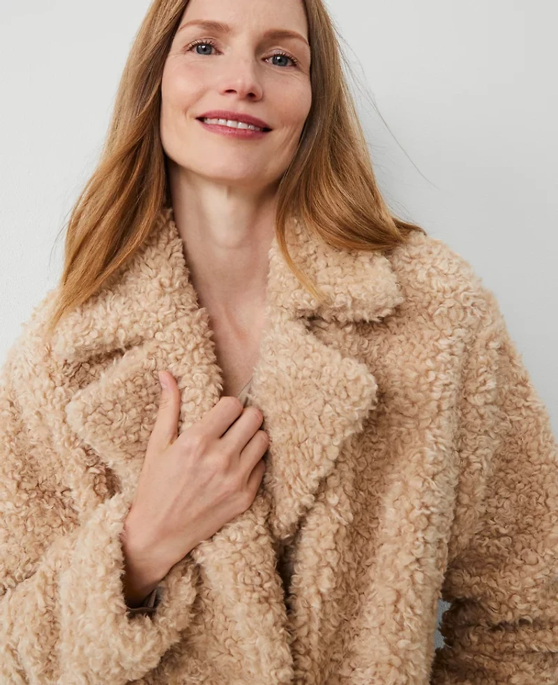 Ann Taylor Faux Fur Double Breasted Coat Size XL Toasted Oat Women's