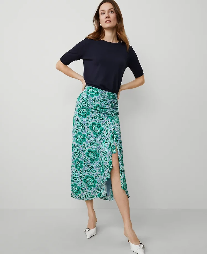 Ann Taylor Floral Ruched Midi Skirt Mellow Mint Women's