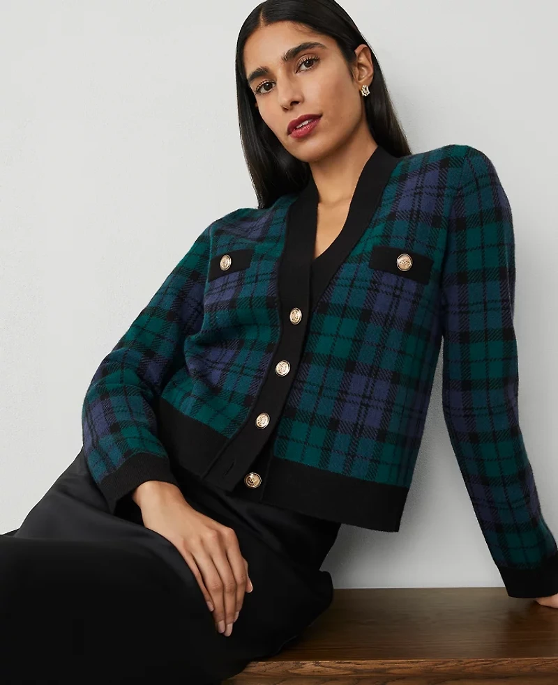 Ann Taylor Petite Plaid Jacquard V-Neck Cardigan Size 2XS Rainforest Women's