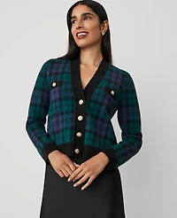 Ann Taylor Petite Plaid Jacquard V-Neck Cardigan Size 2XS Rainforest Women's