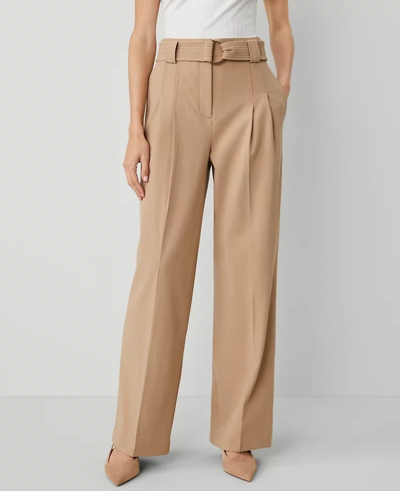 Ann Taylor The Petite Belted Straight-Leg Pant Size 0 Cafe Au Lait Women's