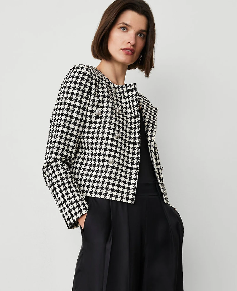 Ann Taylor Houndstooth Double-Breasted Jacket Size 14 Black/White Multi Women's