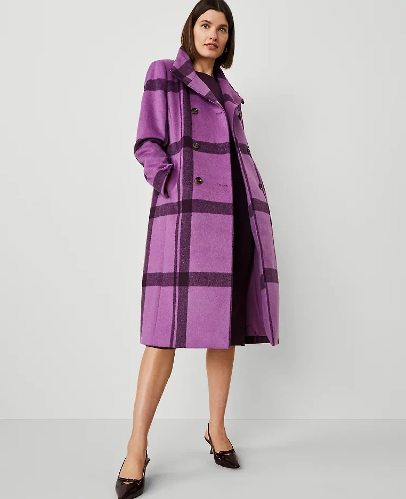 Ann Taylor Petite Plaid Double-Breasted Coat Size Large Purple Monarch Women's