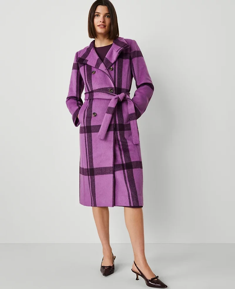 Ann Taylor Petite Plaid Double-Breasted Coat Size Large Purple Monarch Women's