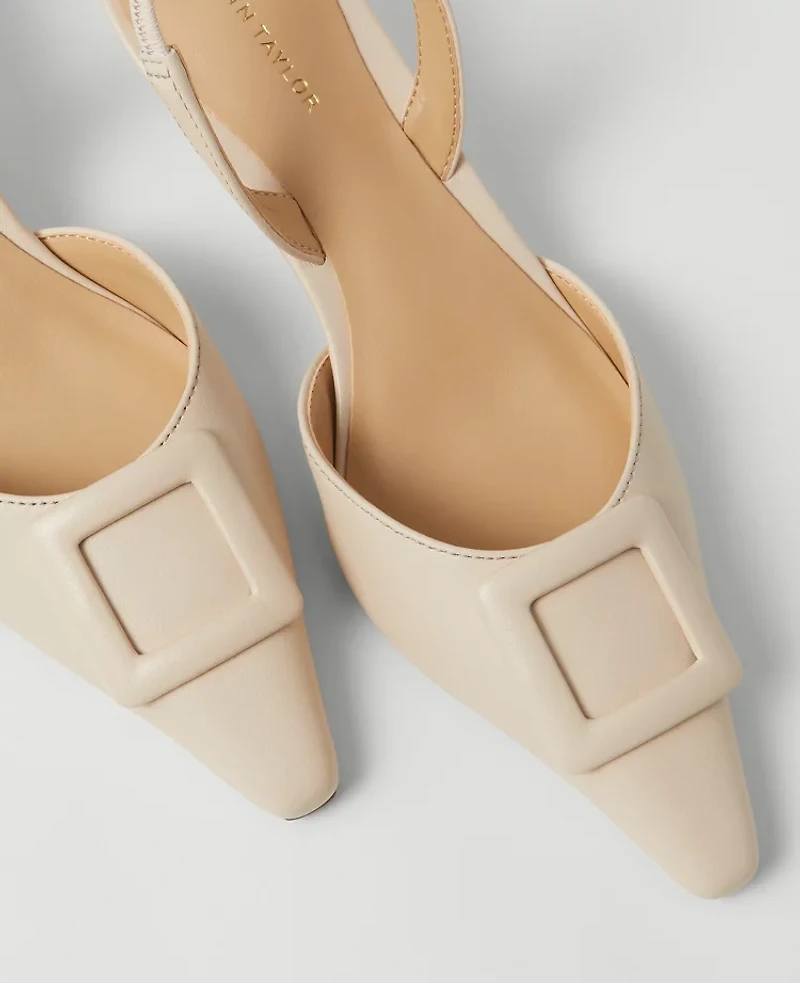 Ann Taylor Buckle Pointy Toe Leather Slingback Pumps Size 6 Pearl Shadow Women's