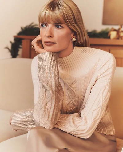 Ann Taylor Petite Foil Cable Mock Neck Sweater Size XL Ivory Whisper Women's