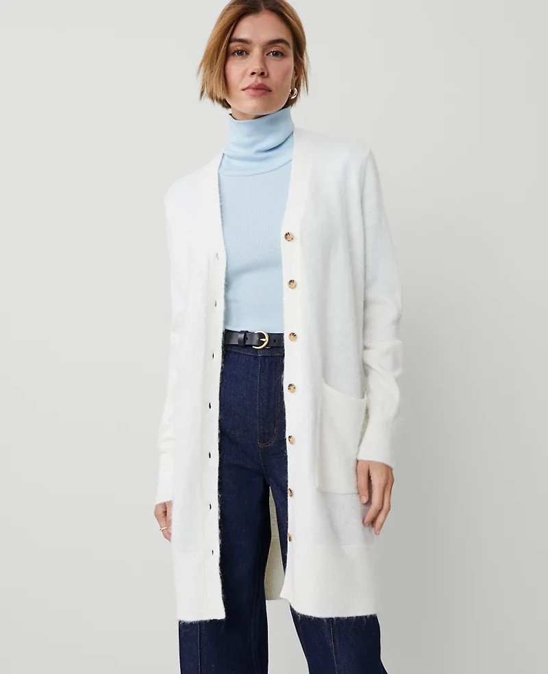 Ann Taylor Petite Weekend Collection Brushed Long Cardigan Size Small Winter White Women's
