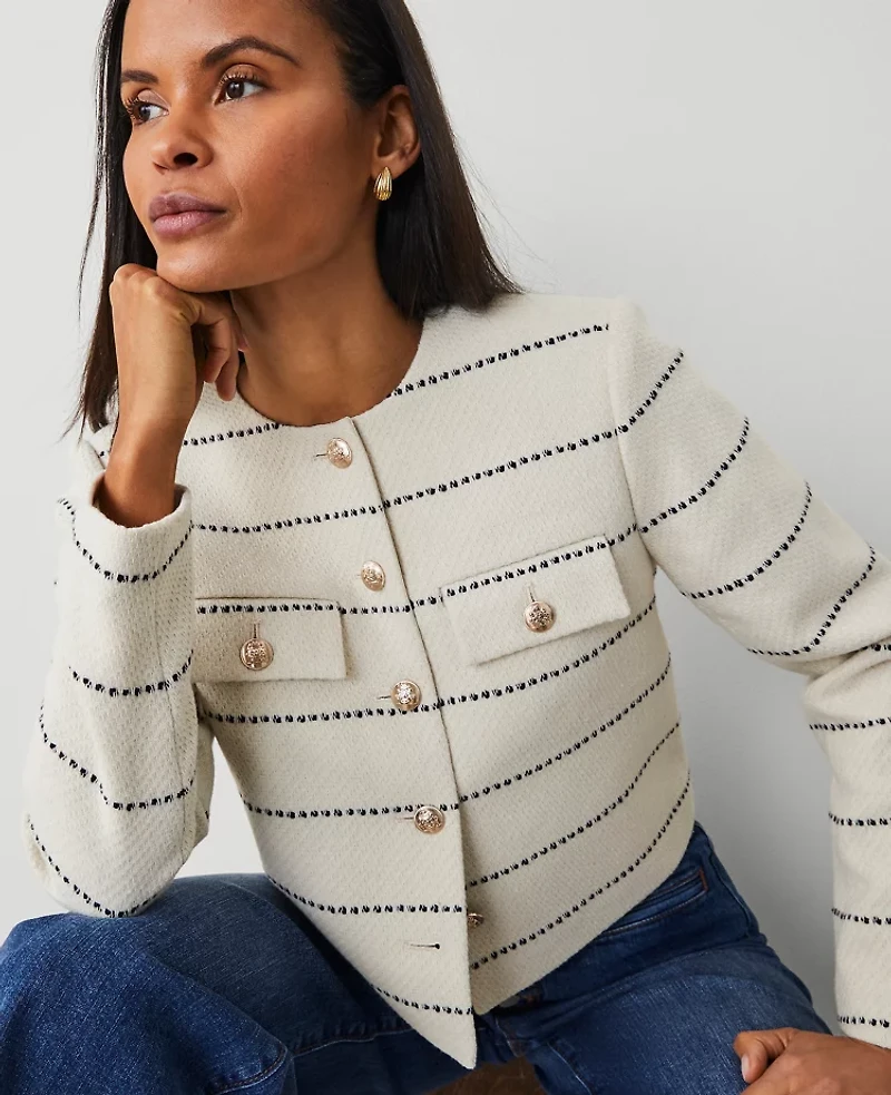 Ann Taylor Petite Striped Tweed Crew Neck Jacket Size 10 Winter White Women's