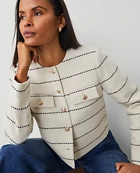 Ann Taylor Petite Striped Tweed Crew Neck Jacket Size 10 Winter White Women's