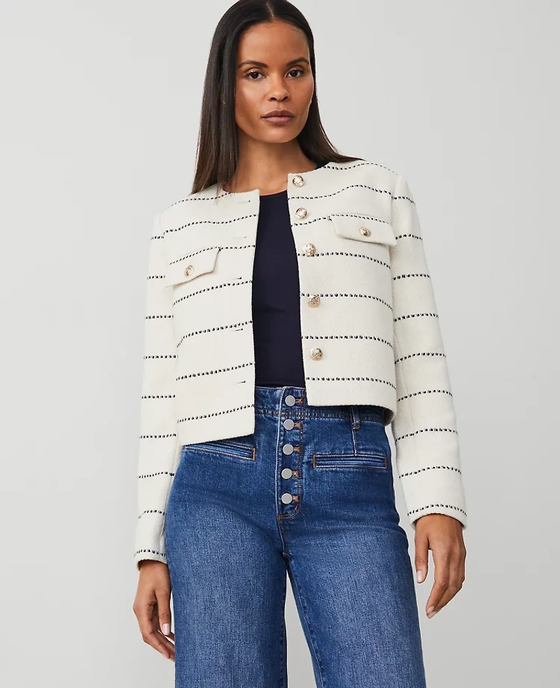 Ann Taylor Petite Striped Tweed Crew Neck Jacket Size 10 Winter White Women's