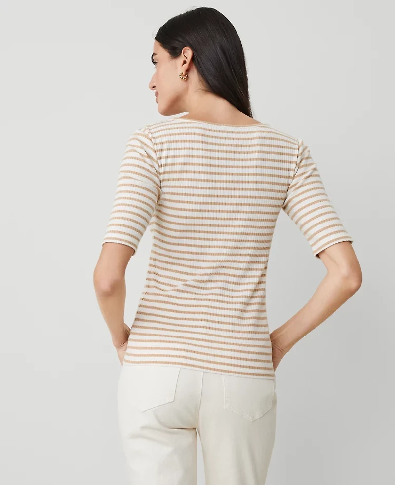 Ann Taylor Striped Scoop Neck T-Shirt Size Medium Cafe Au Lait Women's