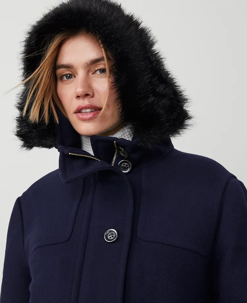 Ann Taylor Petite Weekend Collection Faux Fur Trim Duffle Coat Night Sky Women's