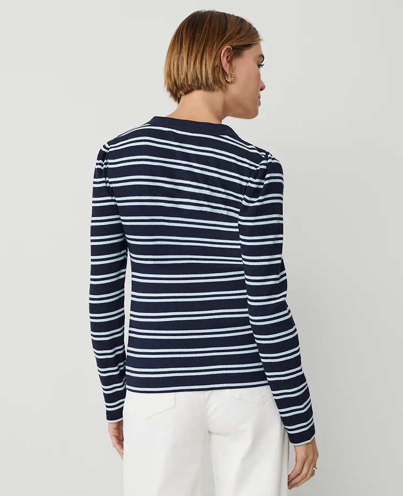 Ann Taylor Petite Weekend Collection Striped Puff Sleeve Henley Top Night Sky Women's