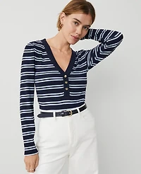 Ann Taylor Petite Weekend Collection Striped Puff Sleeve Henley Top Night Sky Women's
