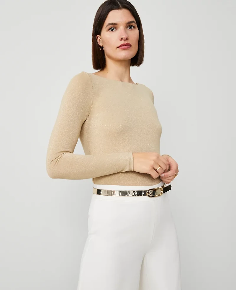 Ann Taylor Shimmer Boatneck Low Back Top Size XL Neutral Metallic Women's