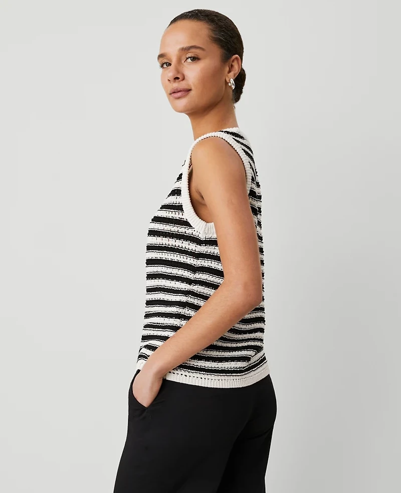 Ann Taylor Weekend Collection Striped Open-Stitch Sweater Shell Top Black/White Combo Women's