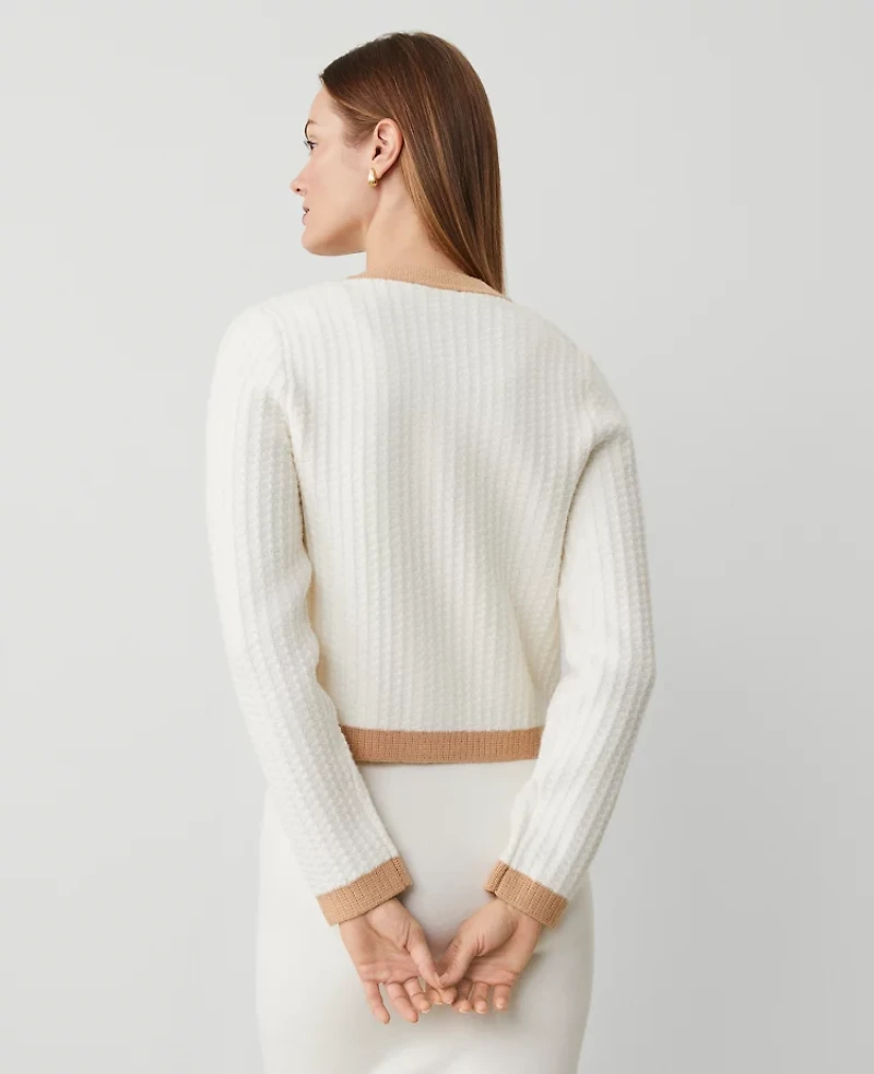 Ann Taylor Petite Textured-Stitch Sweater Jacket Size Medium White Multi Women's