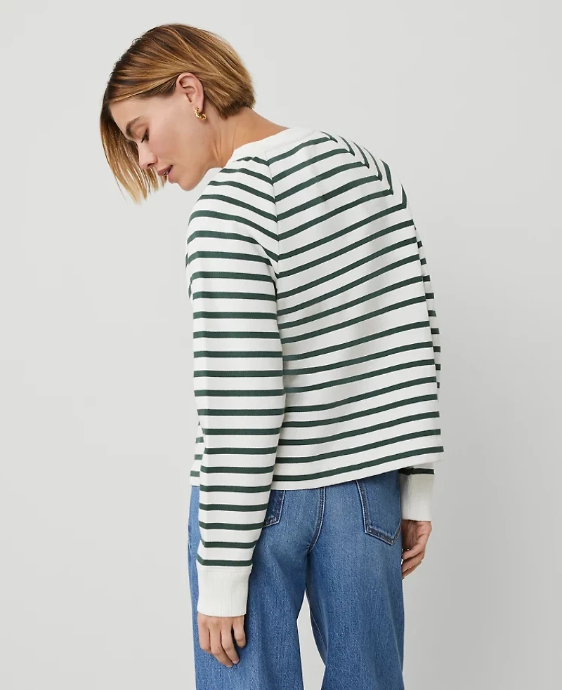 Ann Taylor Petite Weekend Collection Striped Henley Sweatshirt Dried Cilantro Women's