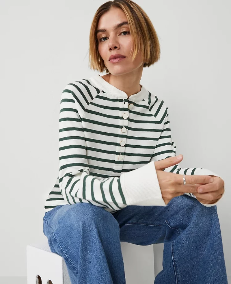 Ann Taylor Petite Weekend Collection Striped Henley Sweatshirt Dried Cilantro Women's