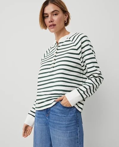 Ann Taylor Petite Weekend Collection Striped Henley Sweatshirt Dried Cilantro Women's