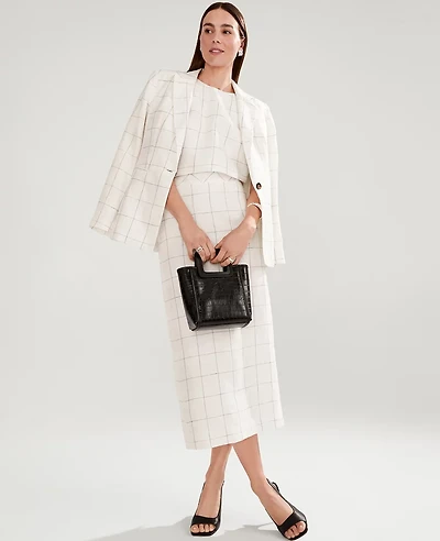 Ann Taylor The Clean Midi Skirt Windowpane Linen Blend White/Black Multi Women's