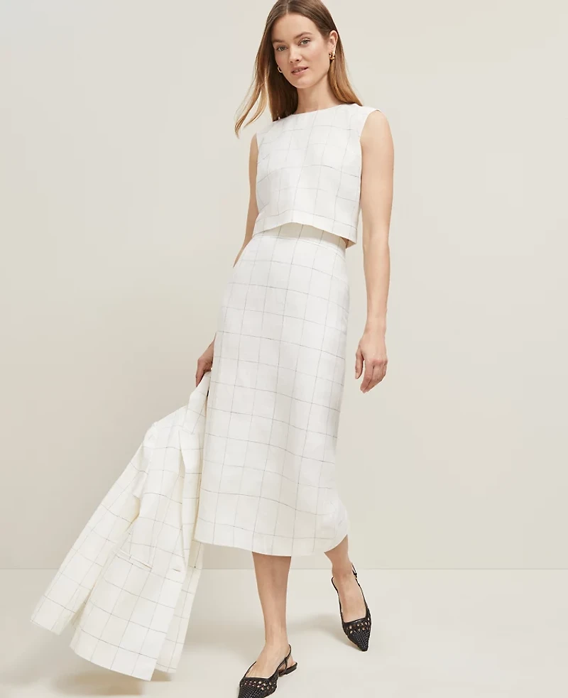 Ann Taylor The Clean Midi Skirt Windowpane Linen Blend White/Black Multi Women's