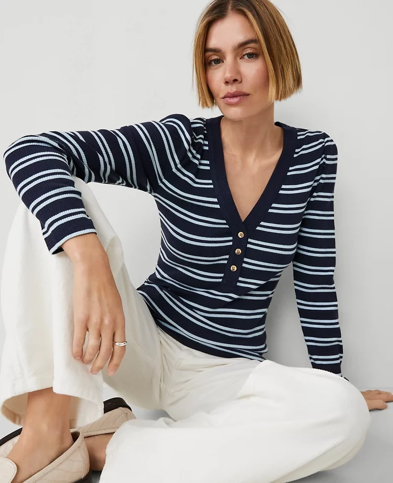 Ann Taylor Weekend Collection Striped Puff Sleeve Henley Top Night Sky Women's