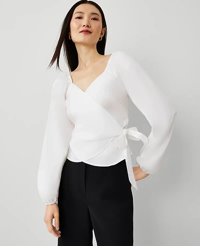 Ann Taylor Wrap Tie-Waist Blouse Size Large White Women's
