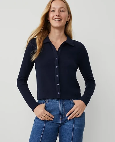 Ann Taylor Petite Weekend Collection Cropped Button-Down Top Size Medium Night Sky Women's