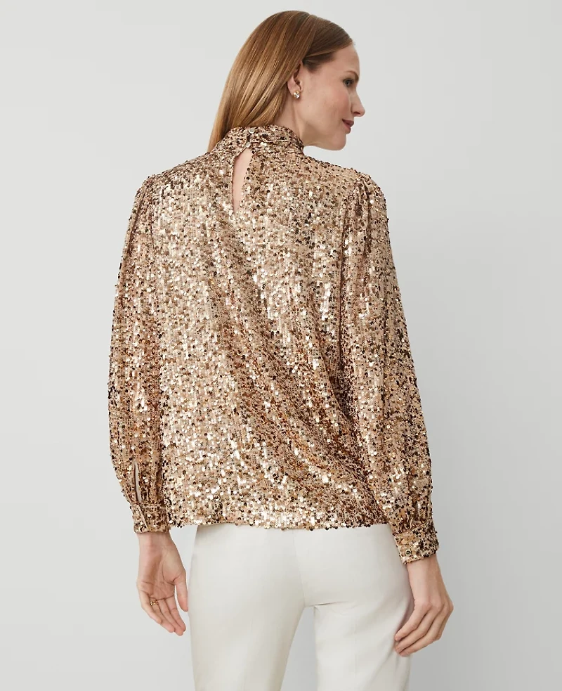 Ann Taylor Sequin Mock Neck Top Size Small Gold Women's