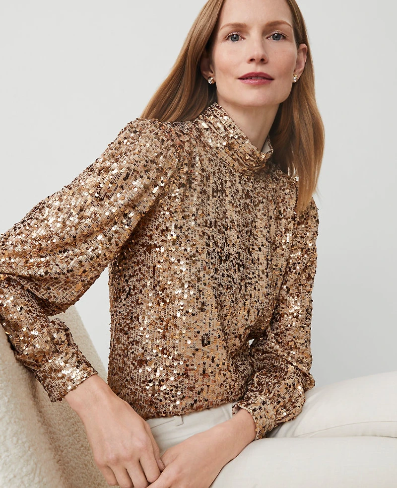 Ann Taylor Sequin Mock Neck Top Size Small Gold Women's